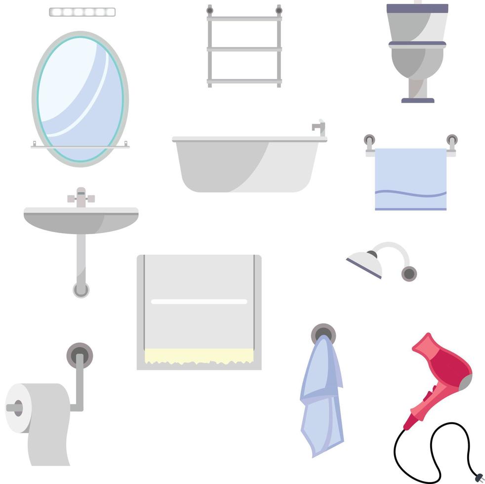 Set of bathroom fittings and accessories flat style vector illustrations