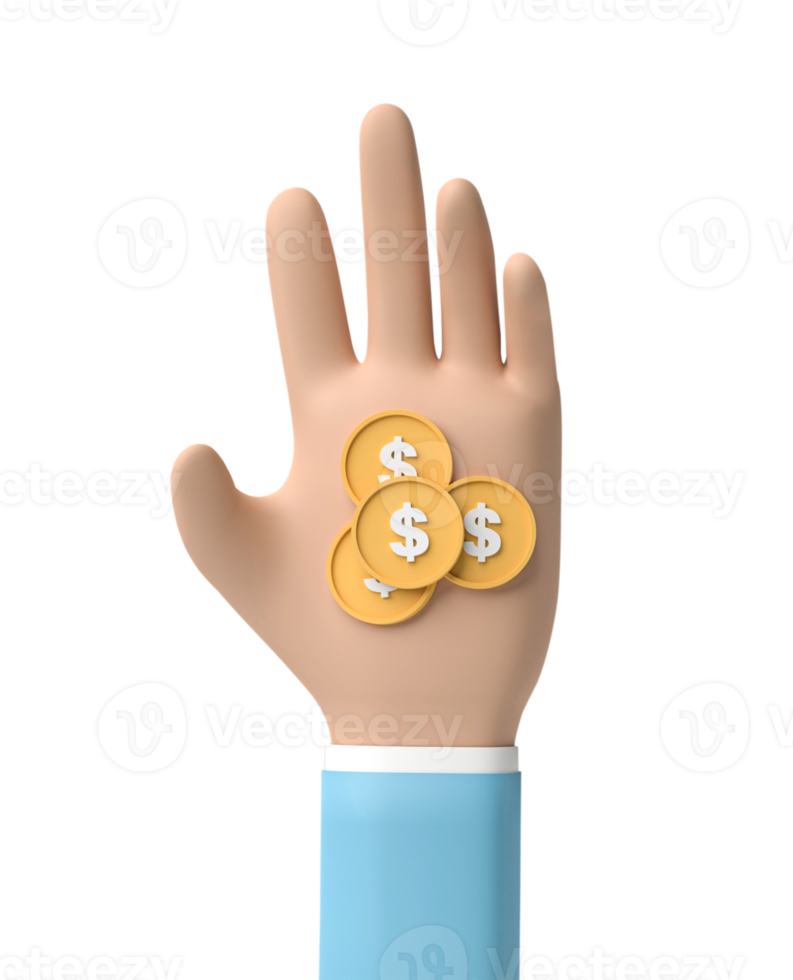 3D Coin in cartoon hand isolated on transparent background png