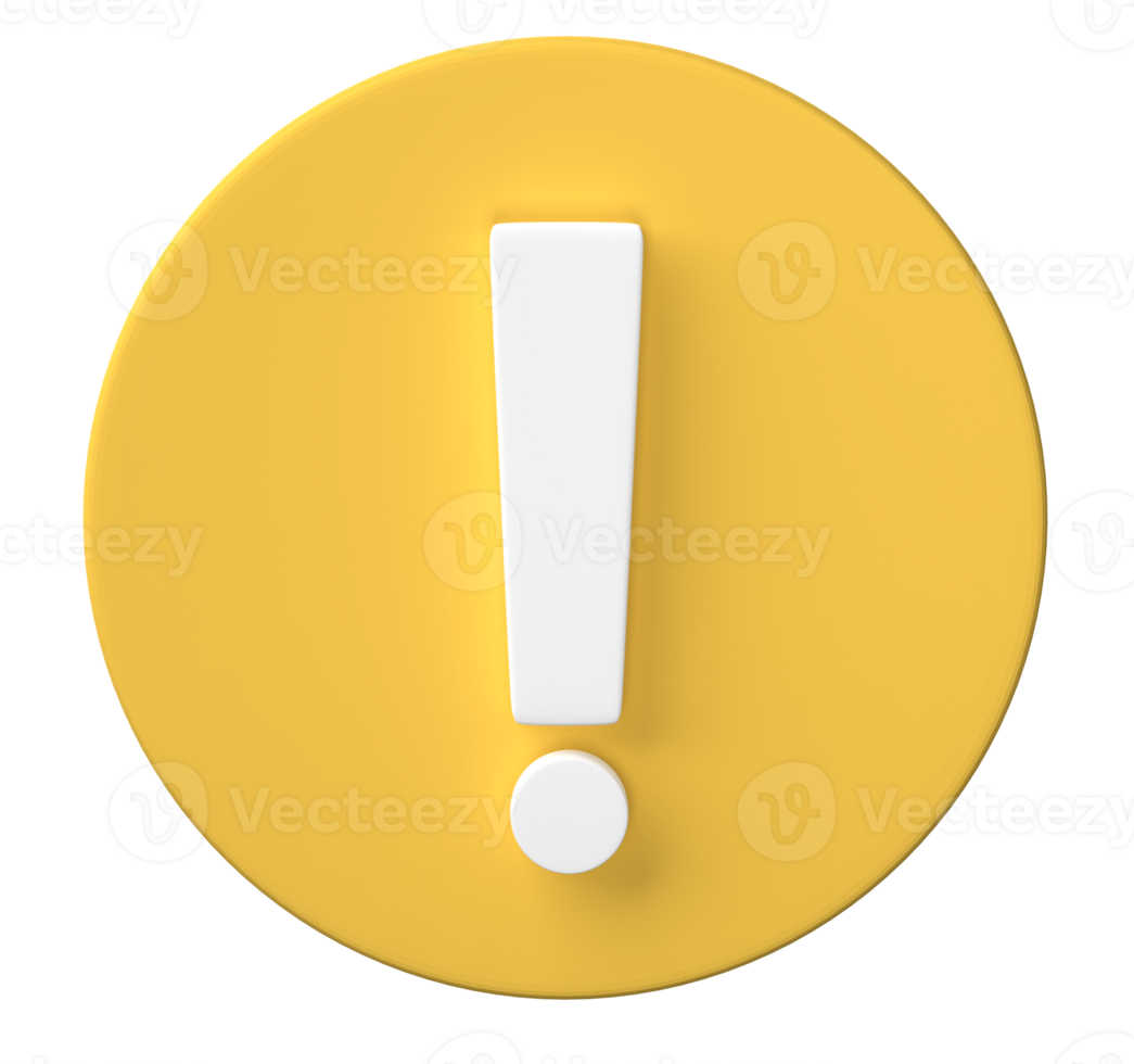 3D Exclamation mark symbol, caution sign icon isolated on transparent background png file.