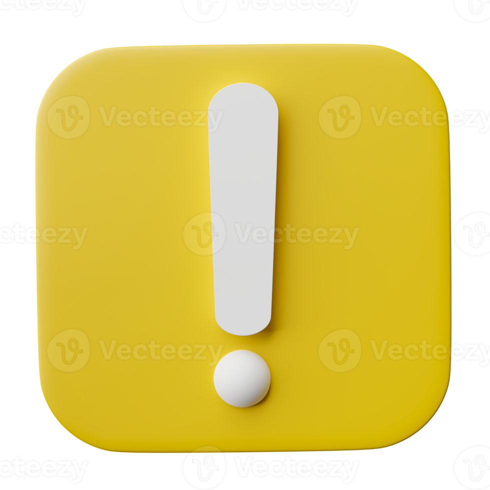 3D Exclamation mark symbol, caution sign icon isolated on transparent background png file.