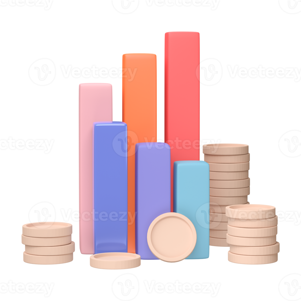 3D render. Business infographic with stock diagrams and statistic bars chart isolated on transparent background. Financial line graphs and charts for presentation and finance report. png