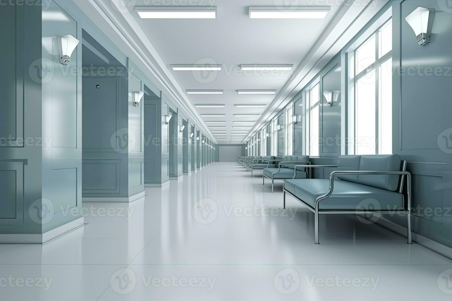 Long hospital bright corridor with rooms and blue seats 3D rendering photo