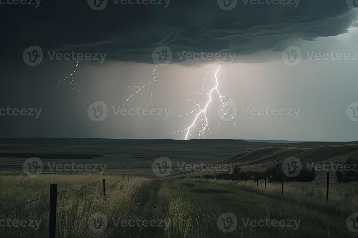 dramatic lightning thundertbolt bolt strike in daylight rural surrounding bad weather dark sky photo