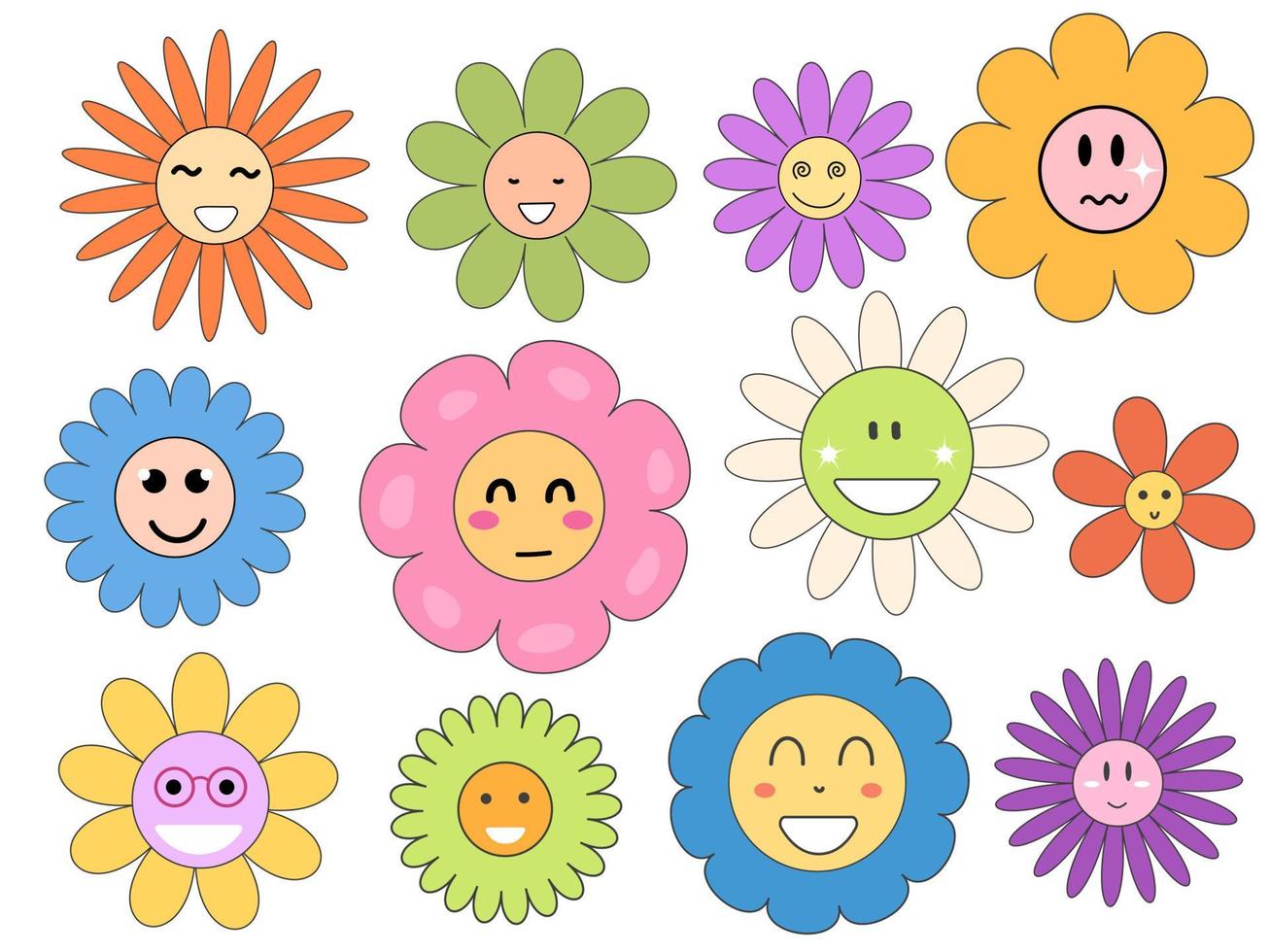 Groovy flower cartoon characters. Funny happy daisy with eyes and smile. Sticker pack in trendy retro trippy style. Isolated vector illustration. Hippie 60s, 70s style.