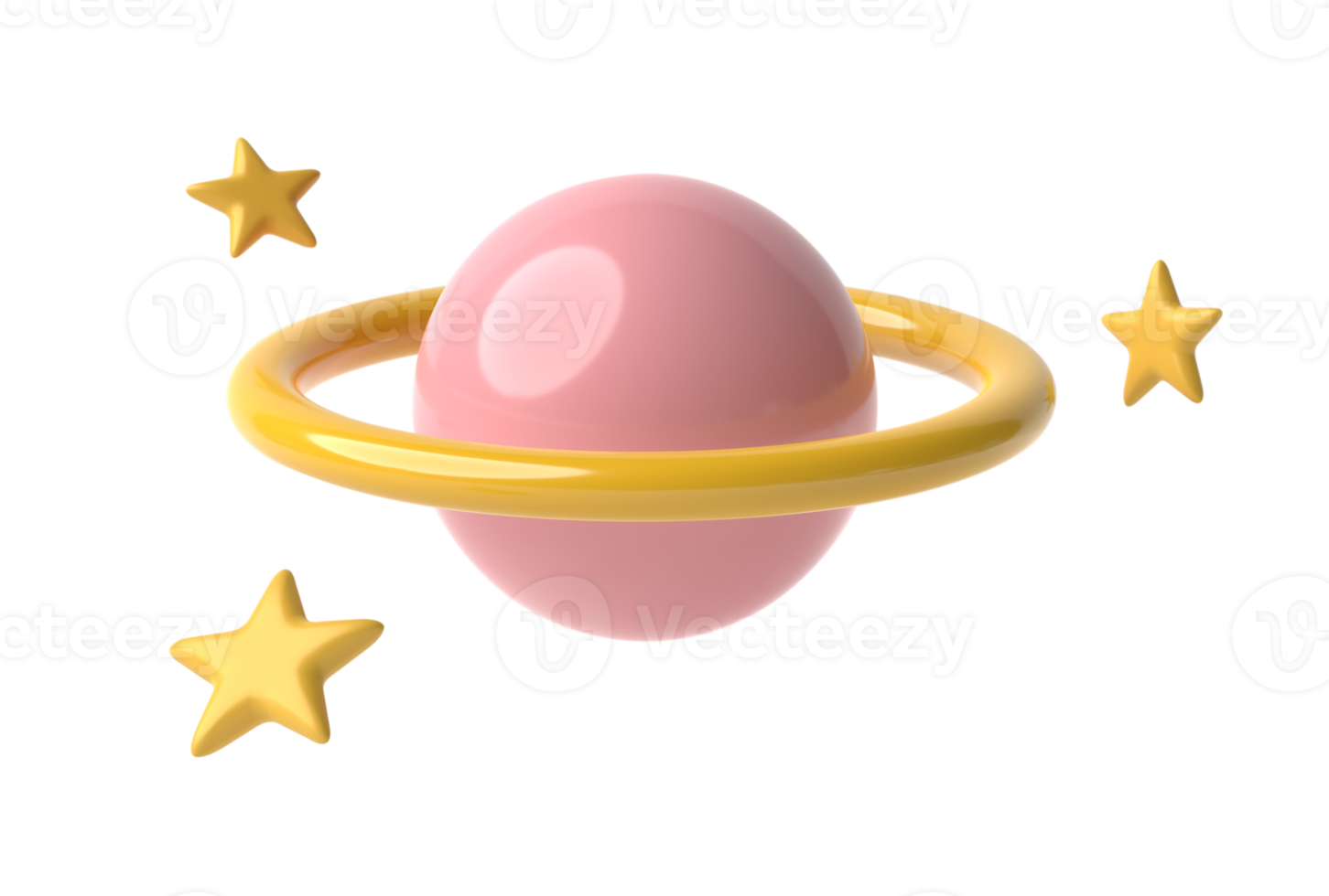 3d Symbol Planet mit Ring um und Sterne. Saturn, Jupiter, Uranus oder Neptun isoliert auf transparent Hintergrund png