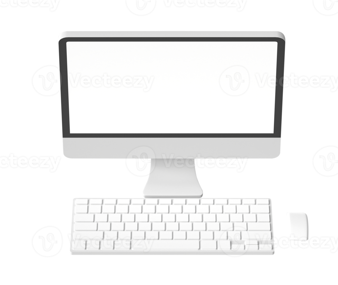 3d computer display with blank screen mockup. desktop PC with keyboard and mouse. isolated on transparent background png