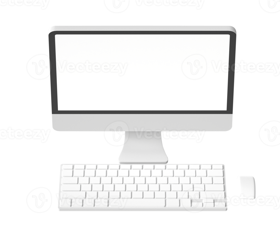 3d Computer Anzeige mit leer Bildschirm Attrappe, Lehrmodell, Simulation. Desktop pc mit Tastatur und Maus. isoliert auf transparent Hintergrund png