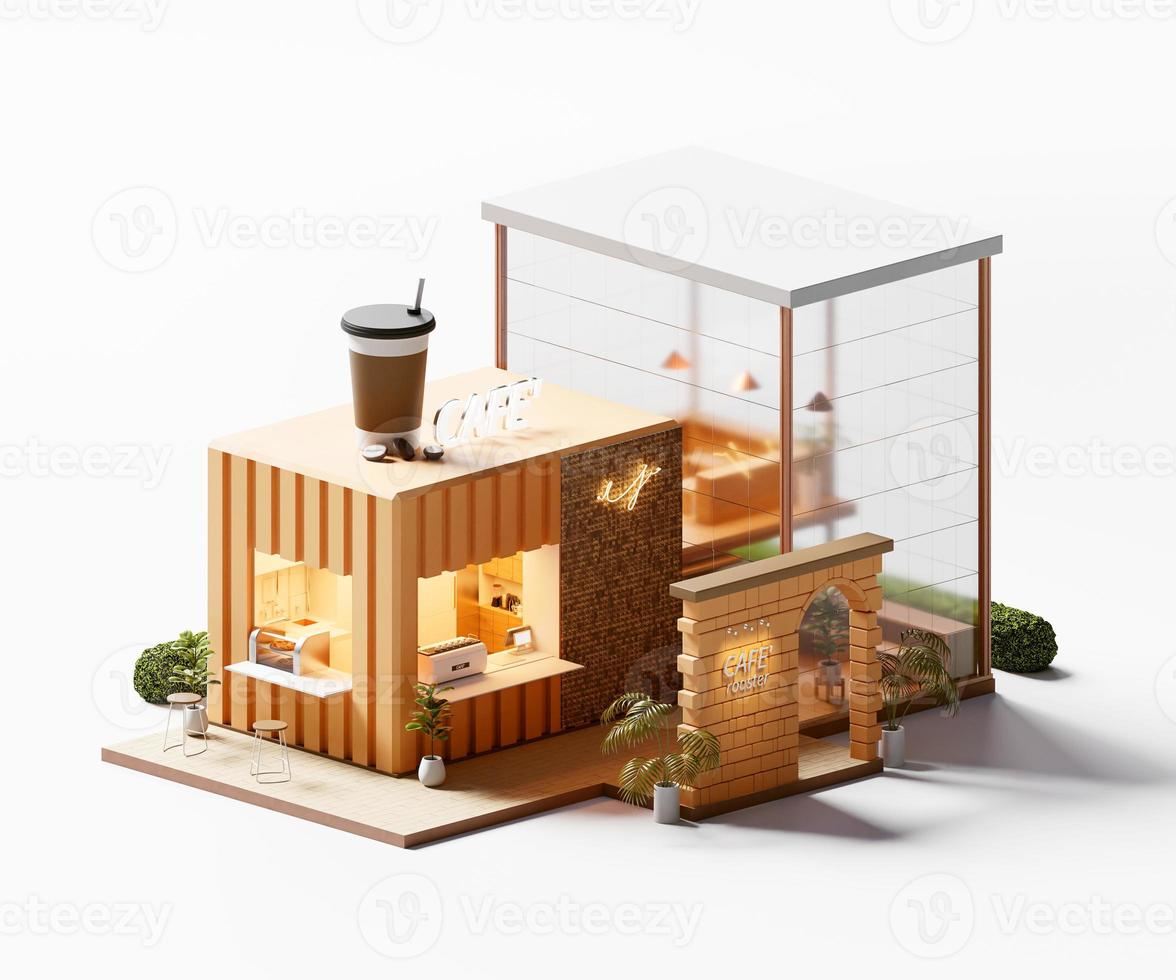 Isometric view minimal cafe restaurant container store exterior architecture 3d rendering digital art photo