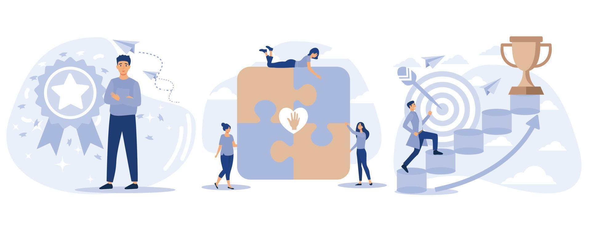 Social abilities concept. Honour and high moral principles, human relations, personal development, public respect, self improvement. set flat vector modern illustration