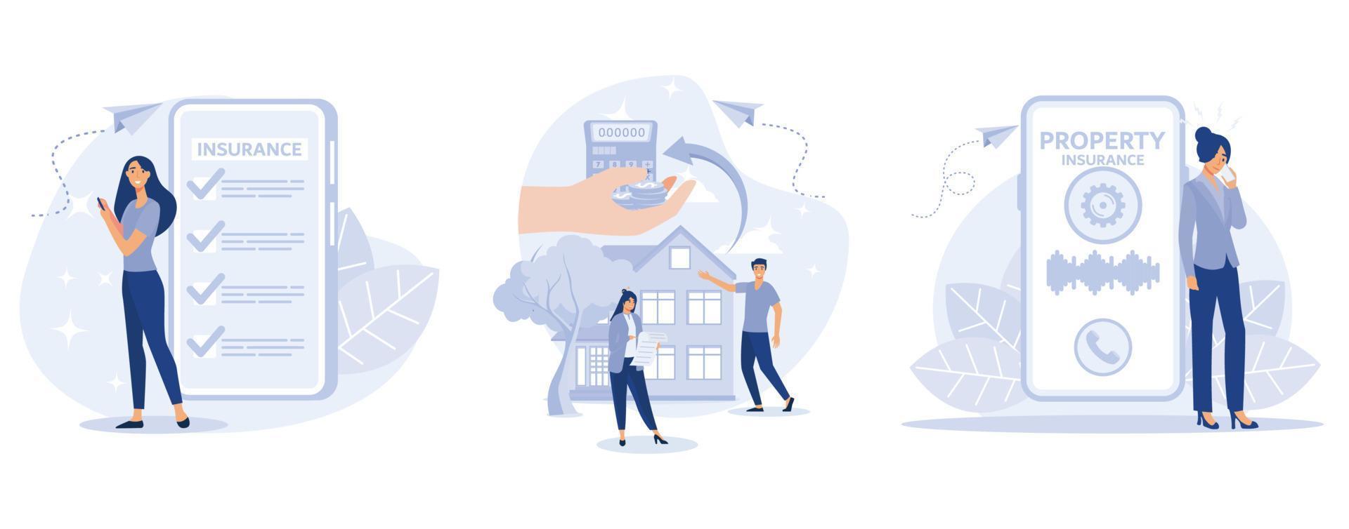 Insurance services  concept, Buy travel insurance online, professional evaluator does real estate assessment, claiming property insurance coverage, set flat vector modern illustration