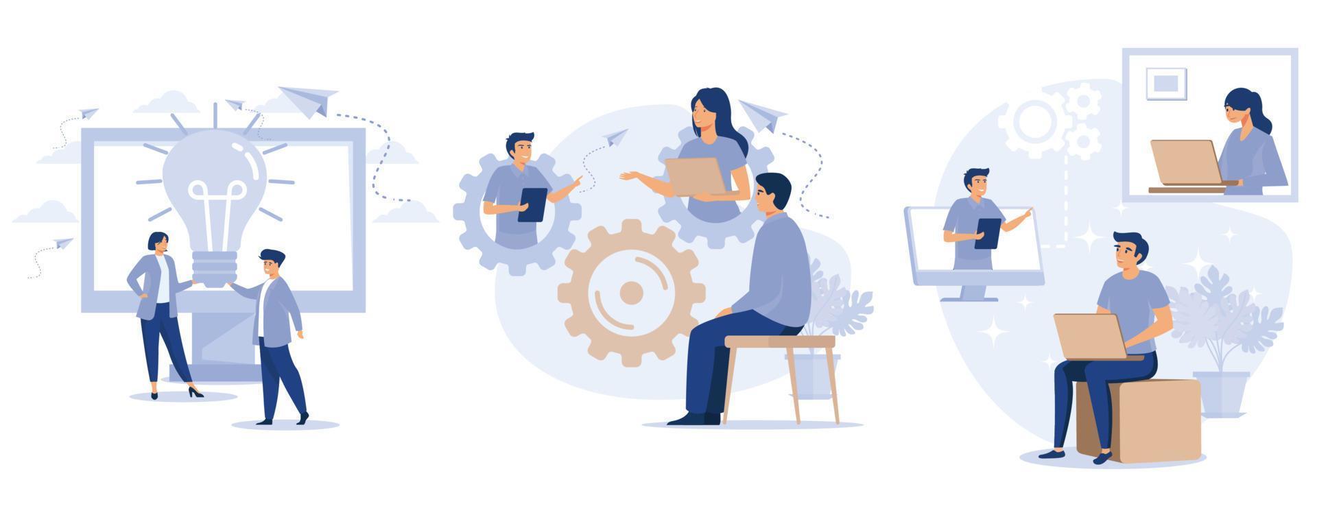 Business efficiency concept, Innovative solution, cooperation and workflow, idea management and productivity software, team communication. set flat vector modern illustration