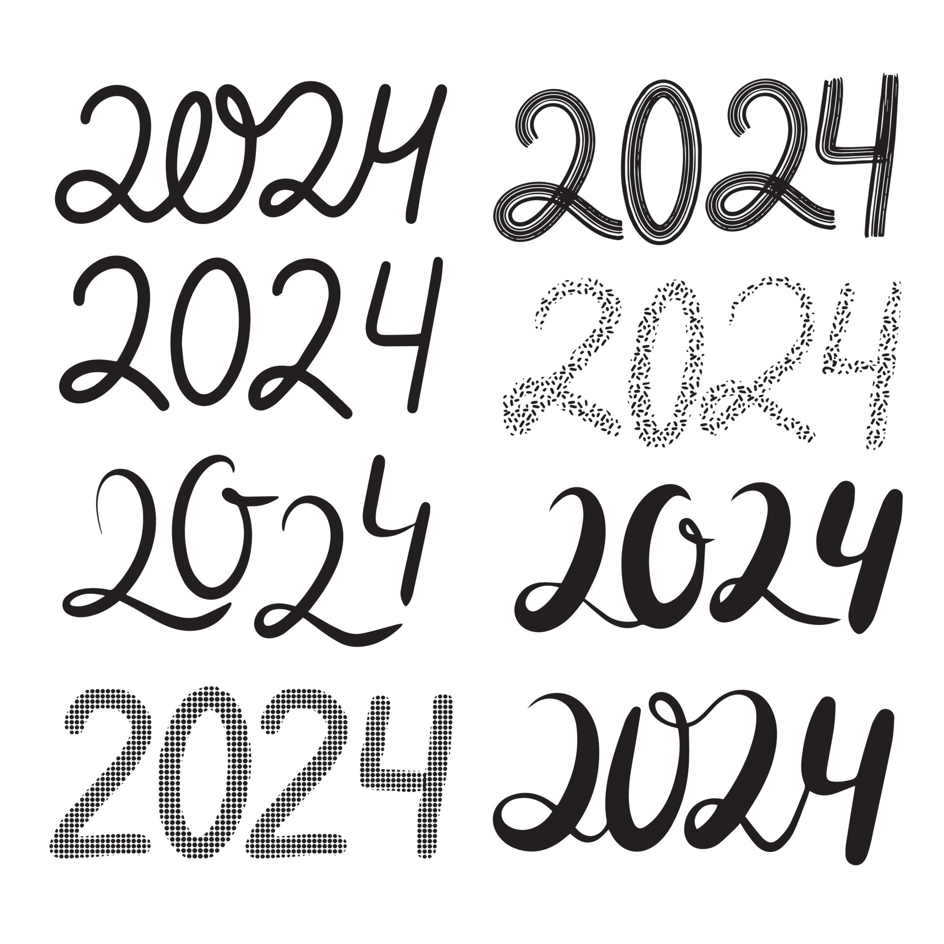 2024 handwriting number. Collection of text for new year. Vector
