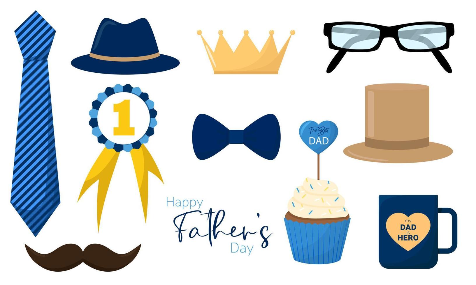 Collection of man symbols. Clip art happy Father's day. Tie, hat, cup, muffin, eyeglasses, mustache, crown, medal. Vector illustration.