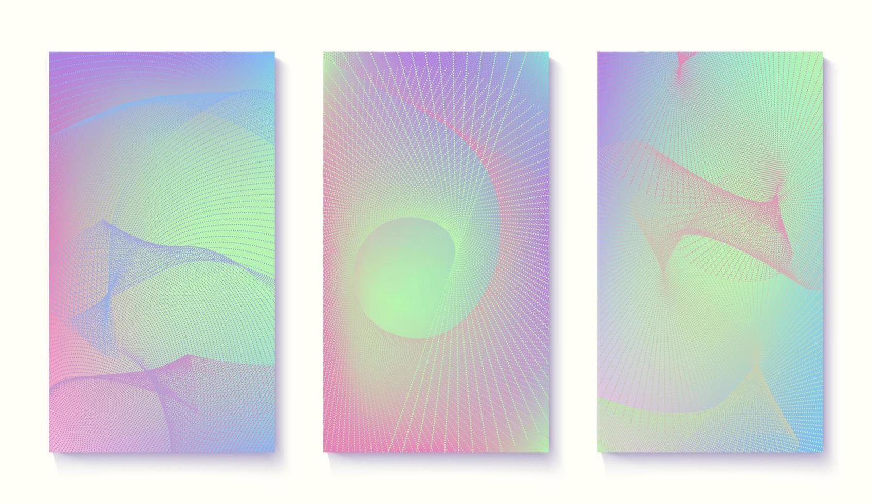 Set of Holographic poster templates with dotted flowing wavy particles. Modern abstract gradients backgrounds. Good for social media posts, cover, stories. vector