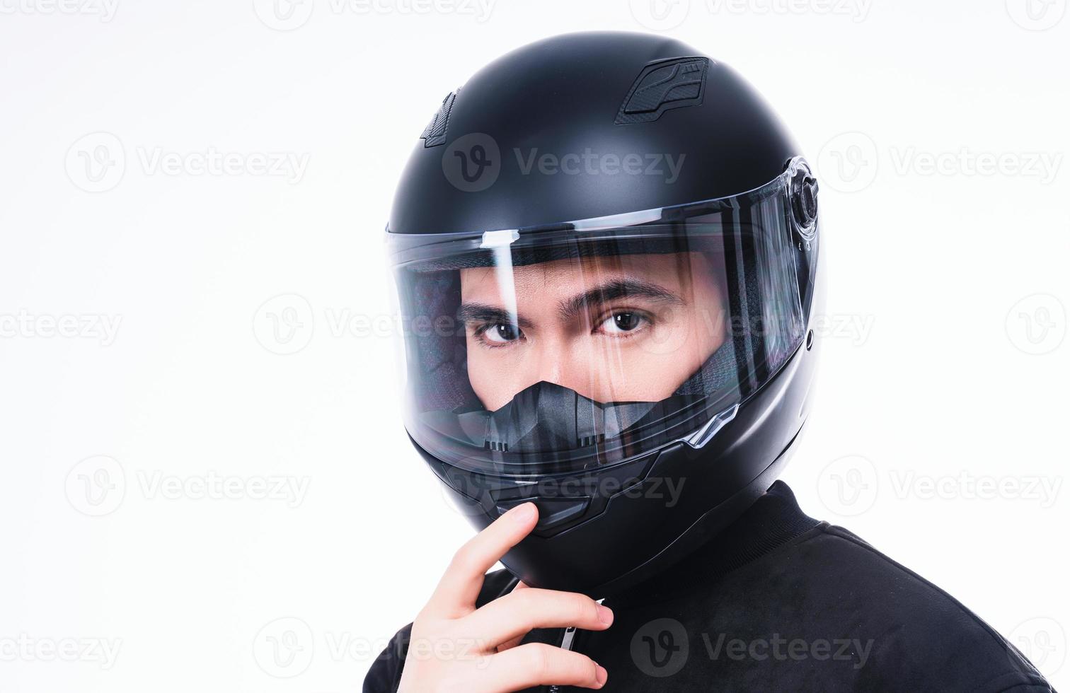 Image of young Asian man with helmet on background photo