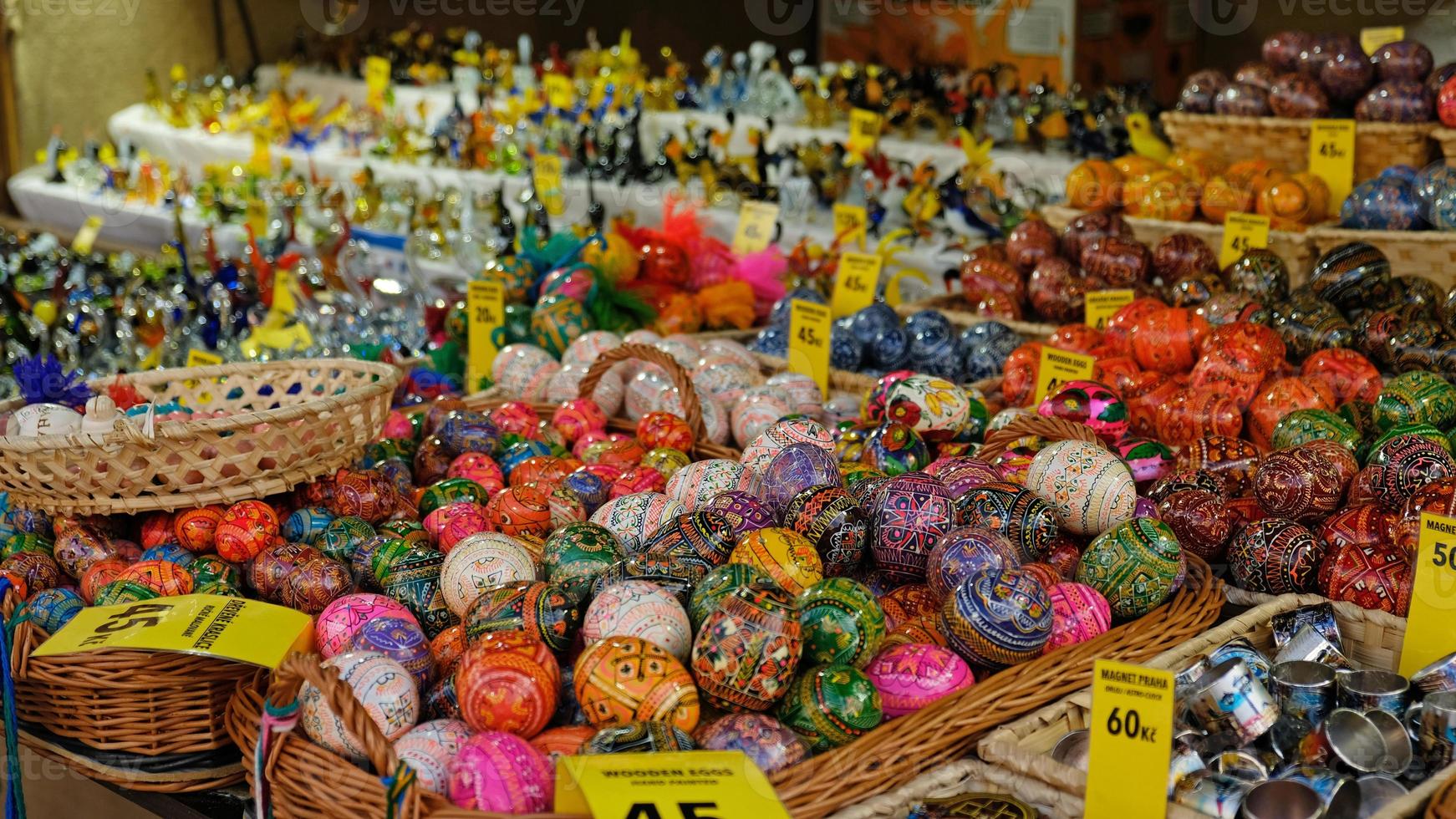 Beautiful colorful decor for Easter. Traditional Easter painted colorful eggs are sold at a market in Prague, Czech Republic. photo