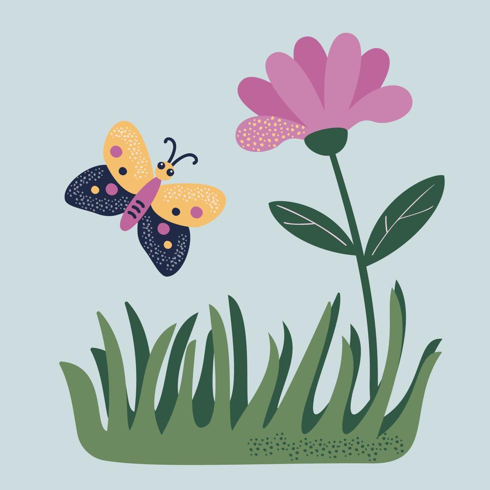 Flower, butterfly, grass. Vector illustration of stylized plants and insects in the flat style.