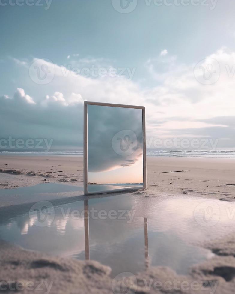 A Mirror On The Beach With A Cloudy Sky In The Background photo