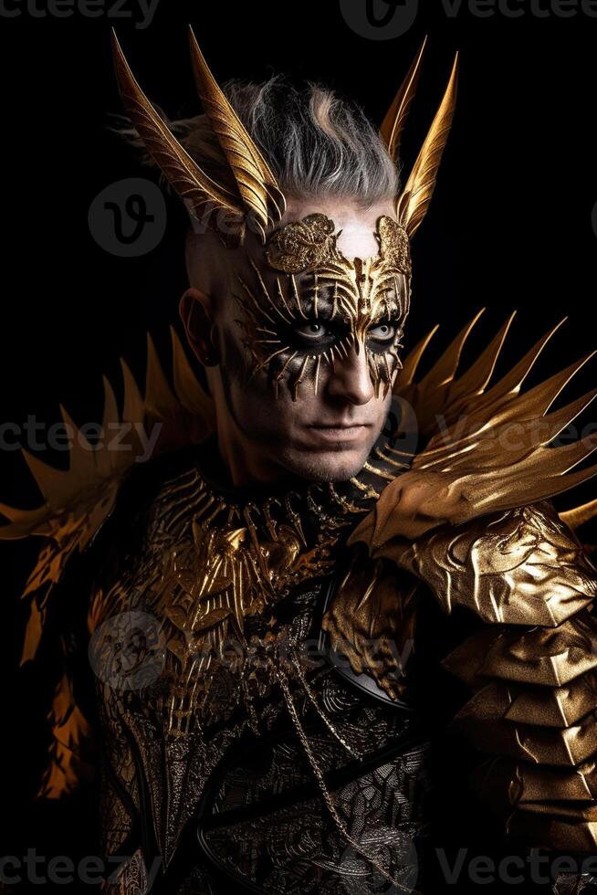 Male daemon warrior in black and gold armor photo