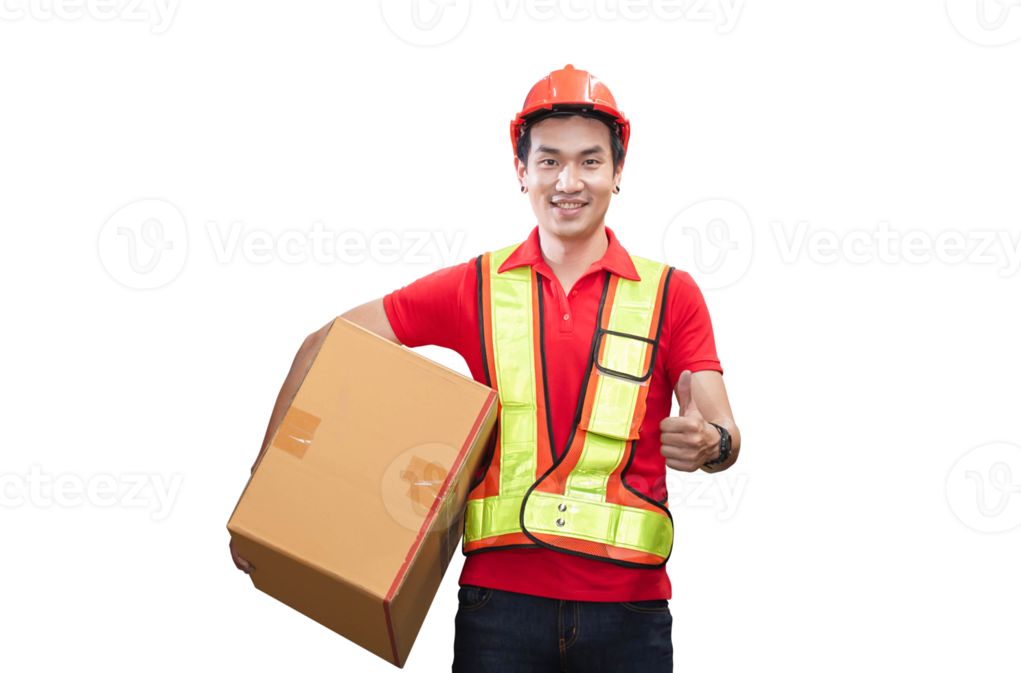 Male worker in hardhat holding cardboard box walking through in retail warehouse, Warehouse worker working in factory warehouse, Man carrying box and showing thumbs up png