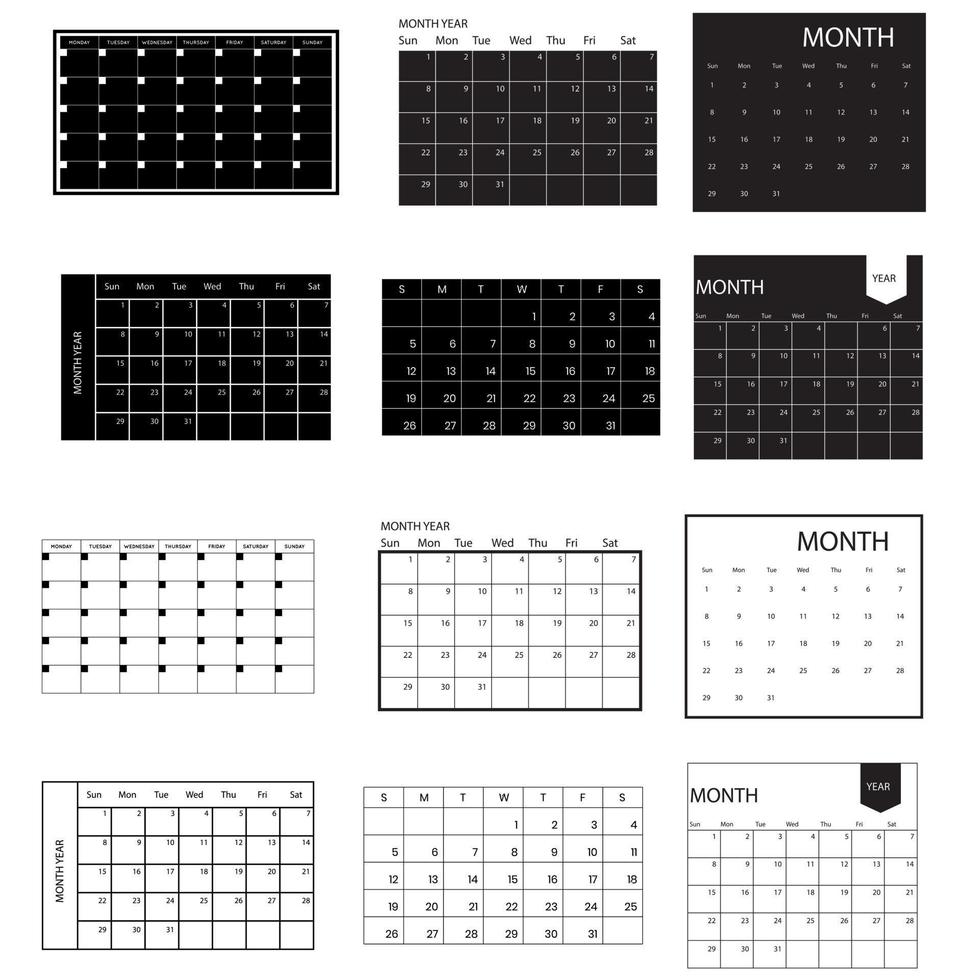 calendario icono vector colocar. fecha ilustración firmar recopilación. mes símbolo. día de el semana logo.