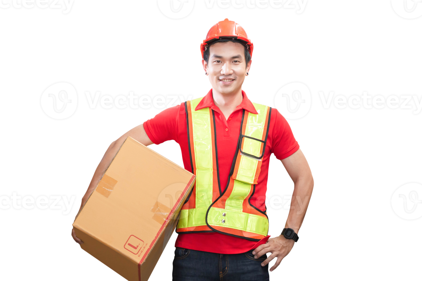 Male worker in hardhat holding cardboard box walking through in retail warehouse, Warehouse worker working in factory warehouse png