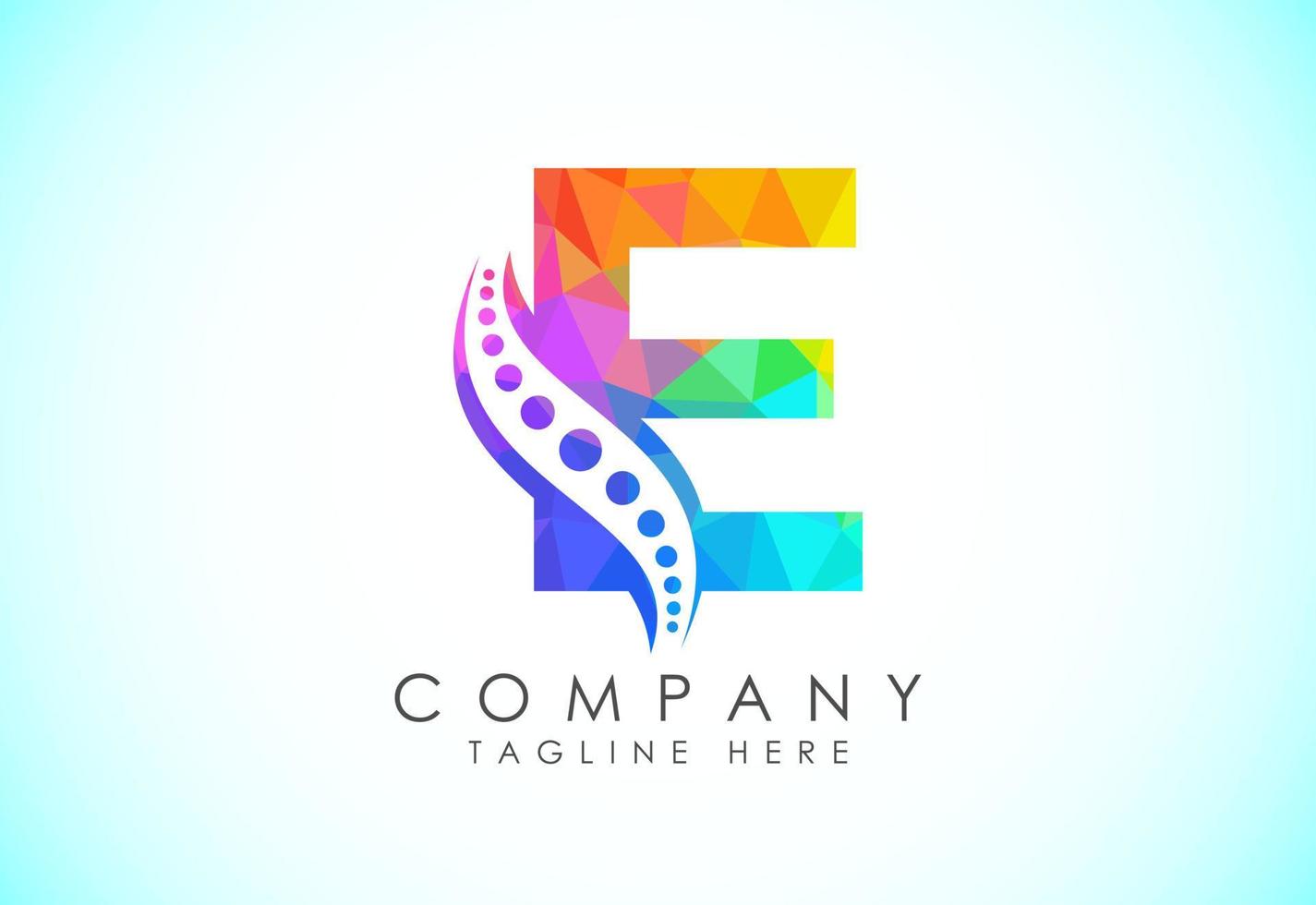 Polygonal E alphabet with chiropractic spine logo. Low poly style spinal care icon for business and company identity. vector