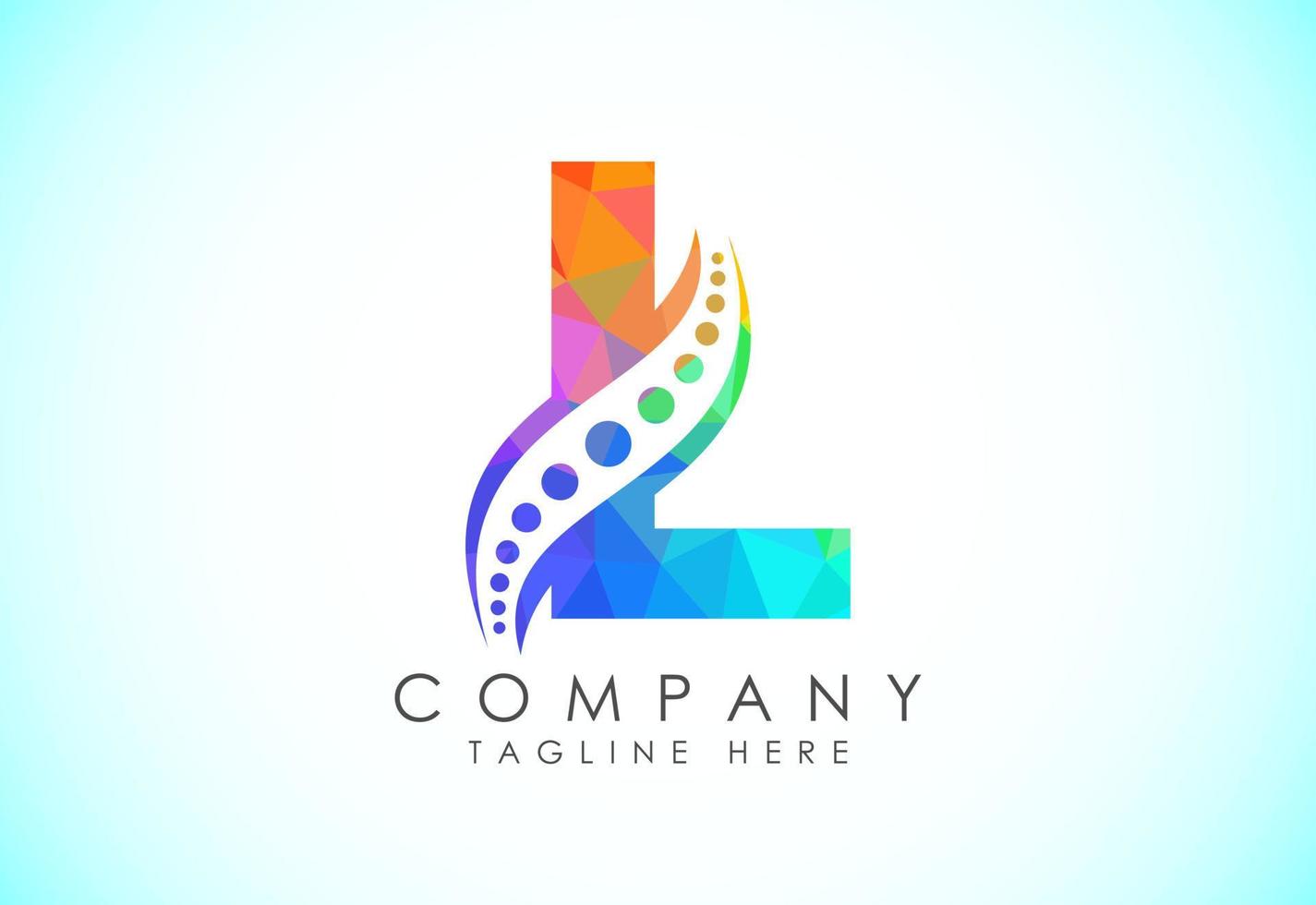 Polygonal L alphabet with chiropractic spine logo. Low poly style spinal care icon for business and company identity. vector
