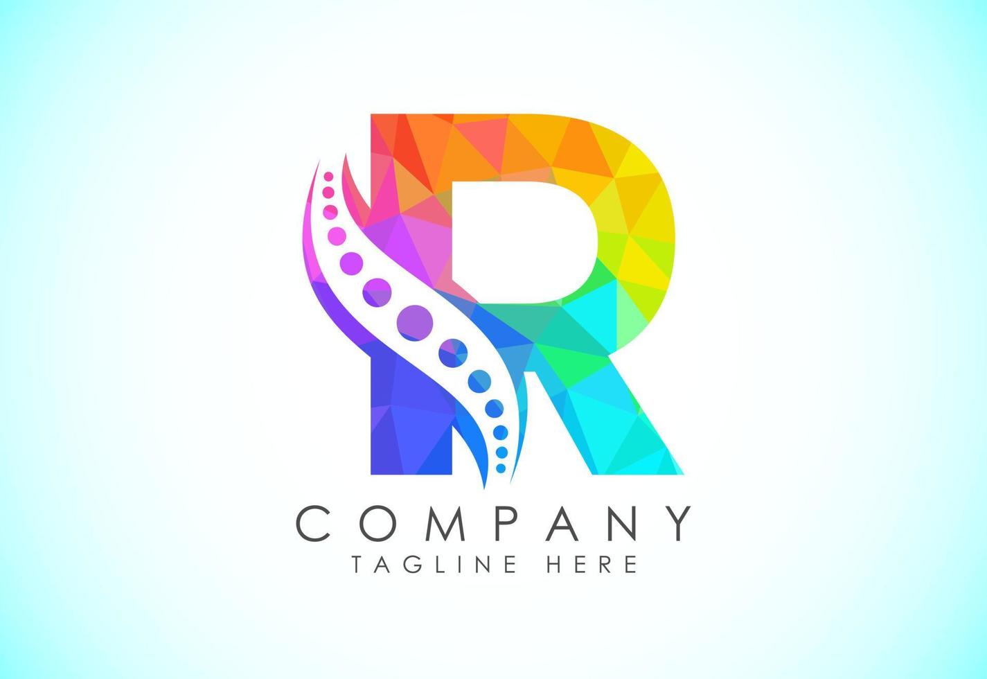 Polygonal R alphabet with chiropractic spine logo. Low poly style spinal care icon for business and company identity. vector