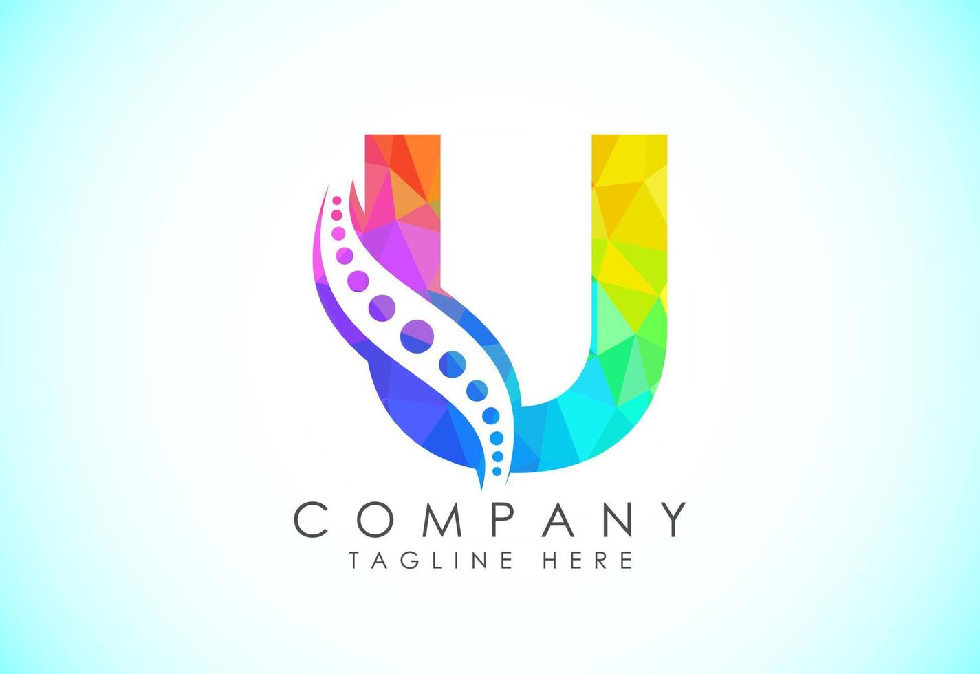 Polygonal U alphabet with chiropractic spine logo. Low poly style spinal care icon for business and company identity. vector
