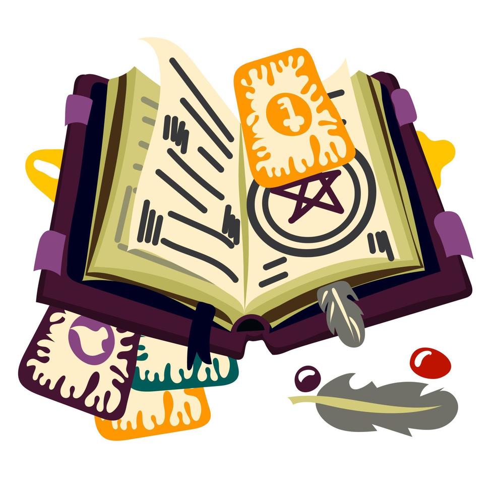 An open book with magic spells, witchcraft, fortune telling and Tarot cards. Fantastic grimoires on alchemy, Ancient volumes of Fairy tales or games with esoteric recipes and Mystical Charms. Cartoon vector