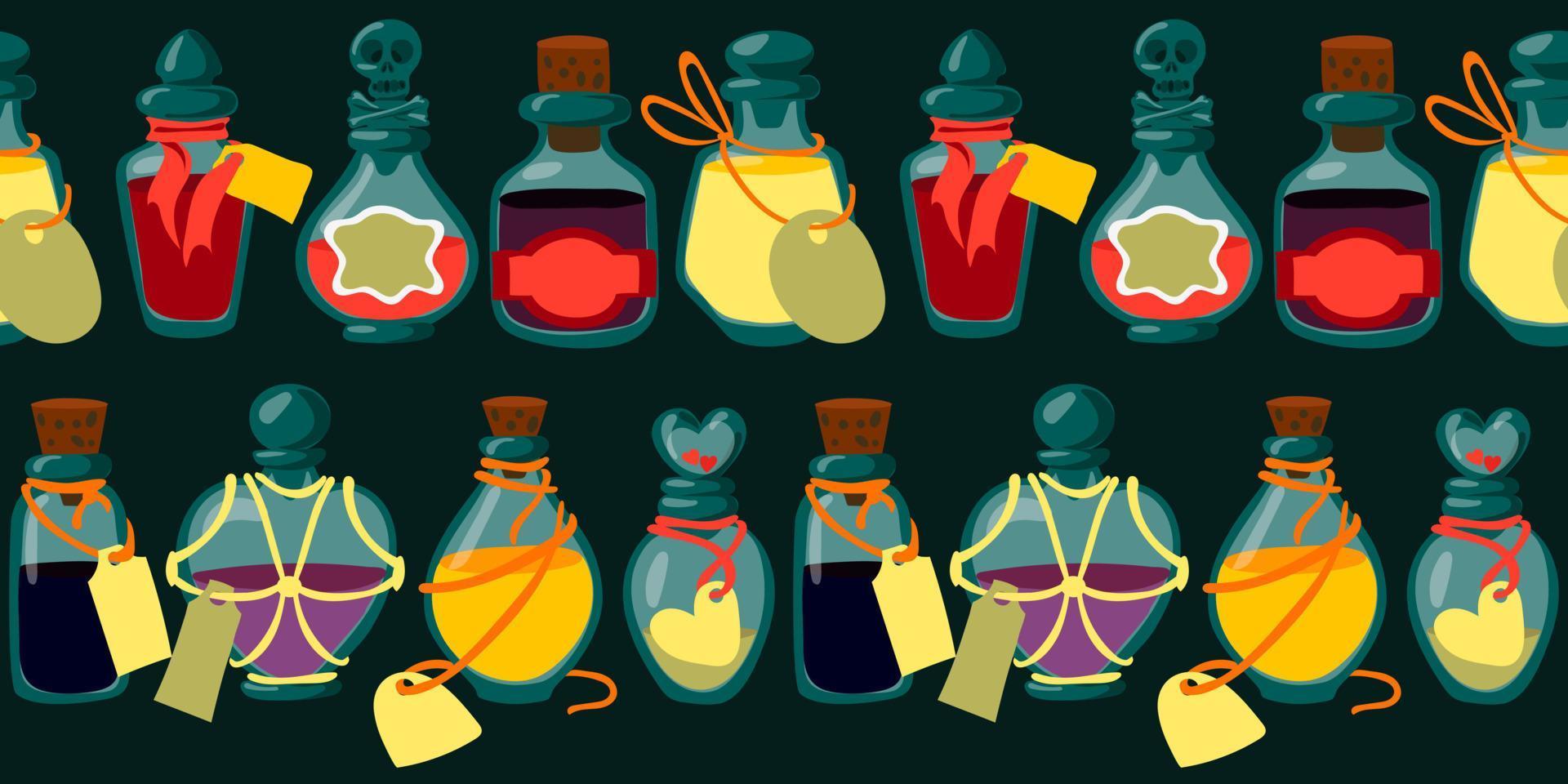 A pattern with colored jars of potions. Mysticism, magic, religion. Poisons in a row. Vector seamless pattern for printing on fabric and paper. Repetitive fashionable stylish texture for Halloween