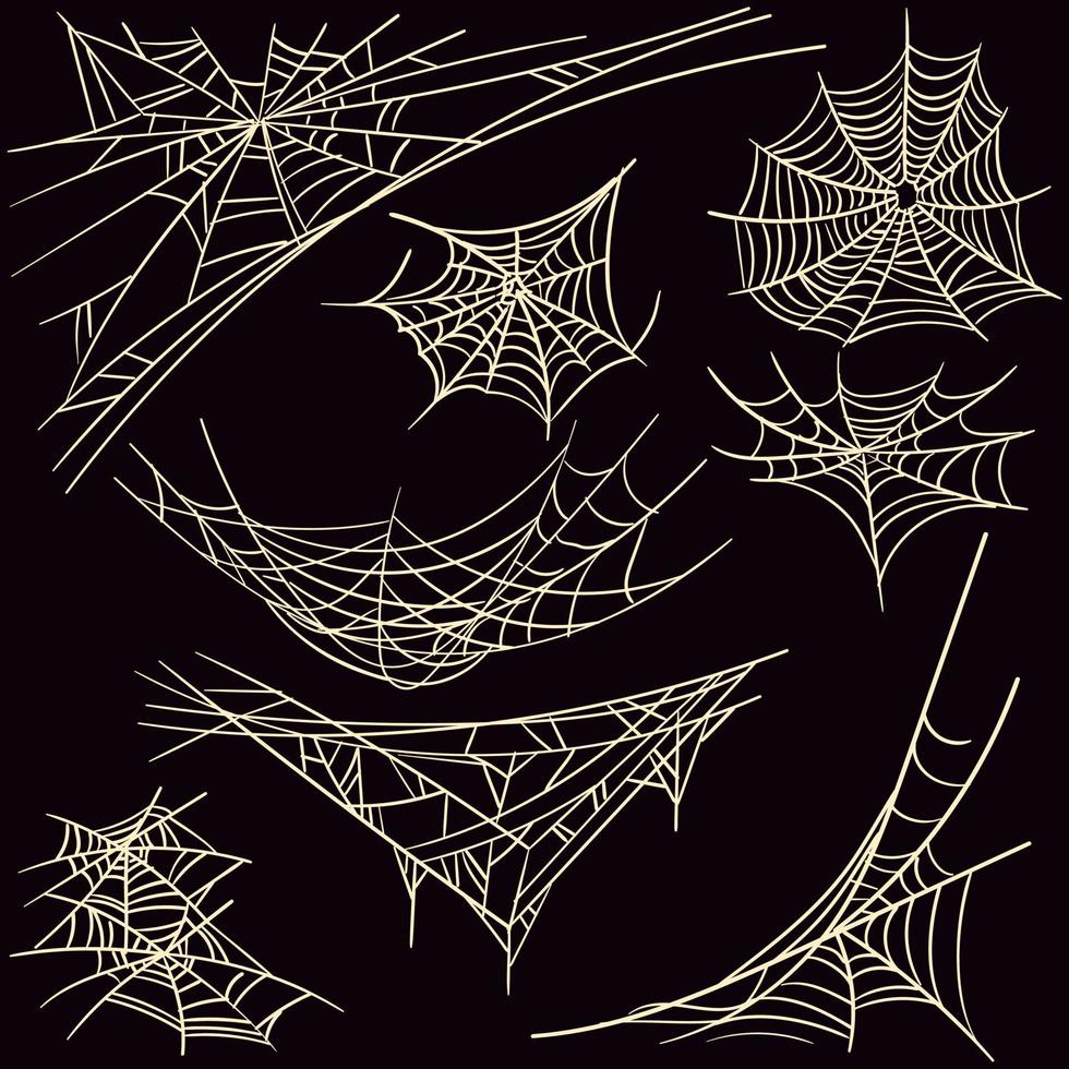 A set of cobwebs. Terrible Gothic silhouettes in the form of a spider web for Halloween decoration, a creepy network. Vector isolated collection. Scary hanging trap for a Festive frame on Black