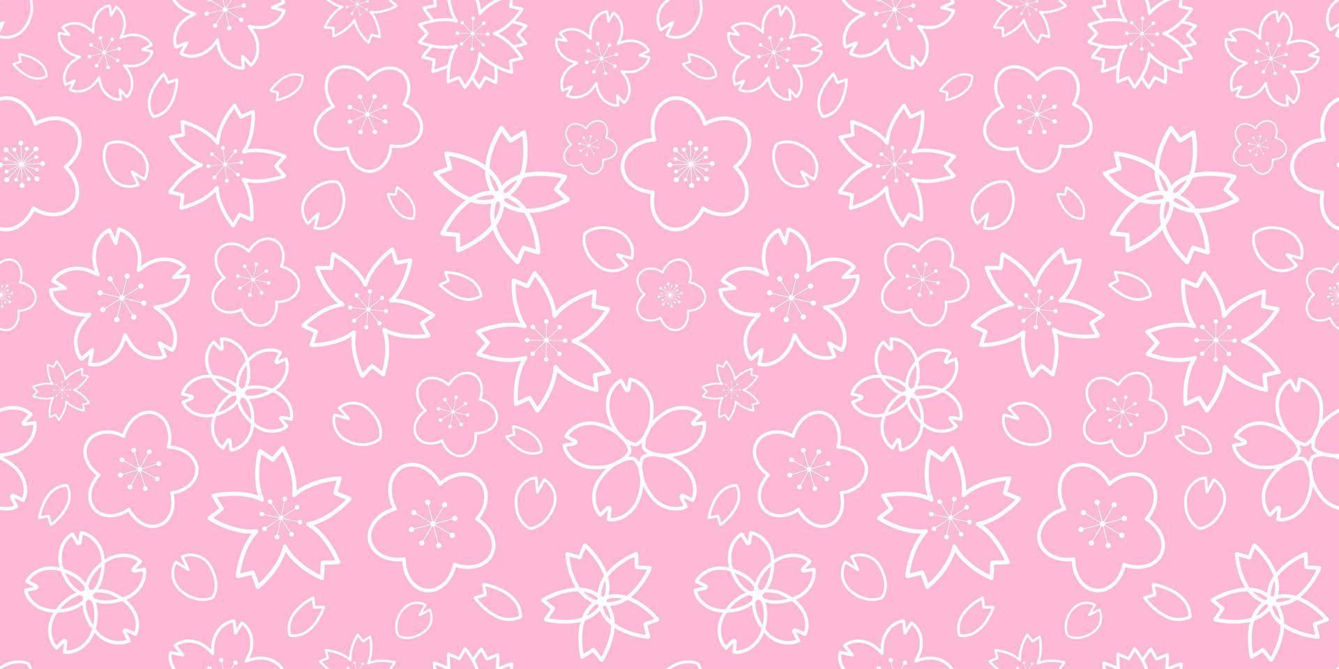 Horizontal seamless pattern with white outline geometrical sakura flowers vector