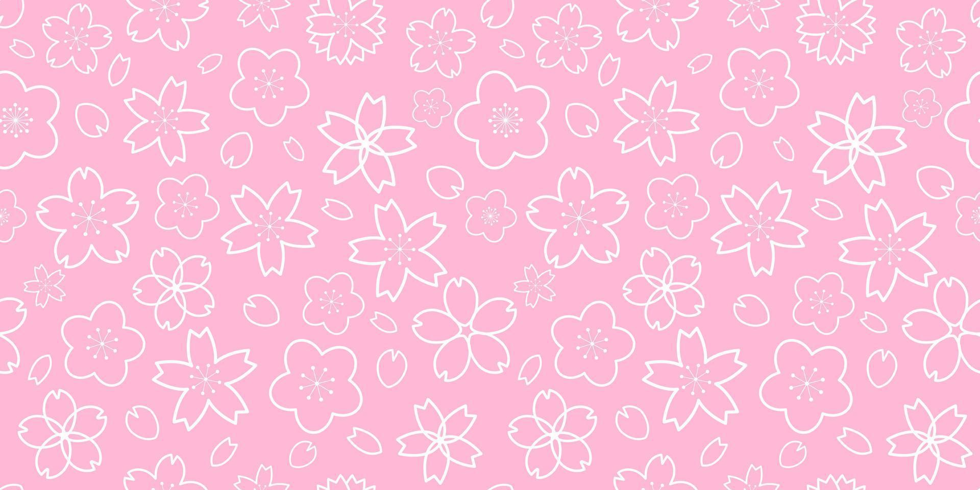 Horizontal seamless pattern with white outline geometrical sakura flowers vector