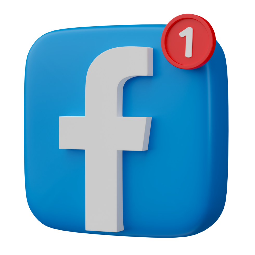 3D render, Facebook logo icon with new notification isolated on transparent background. png