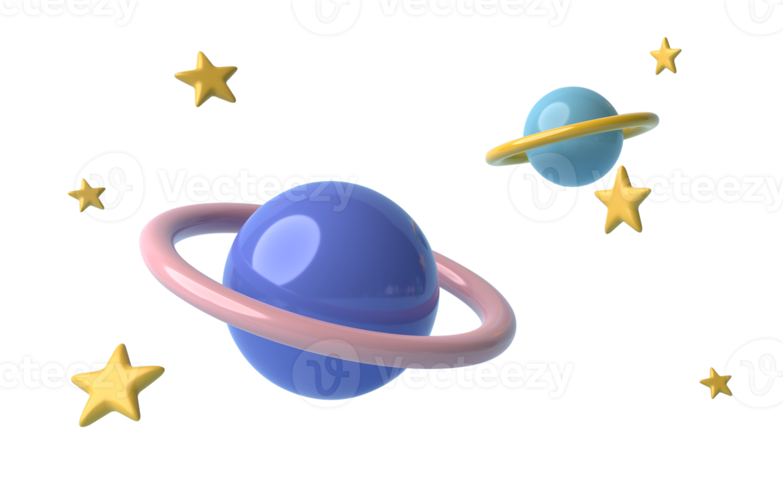 3d Symbol Planet mit Ring um und Sterne. Saturn, Jupiter, Uranus oder Neptun isoliert auf transparent Hintergrund png