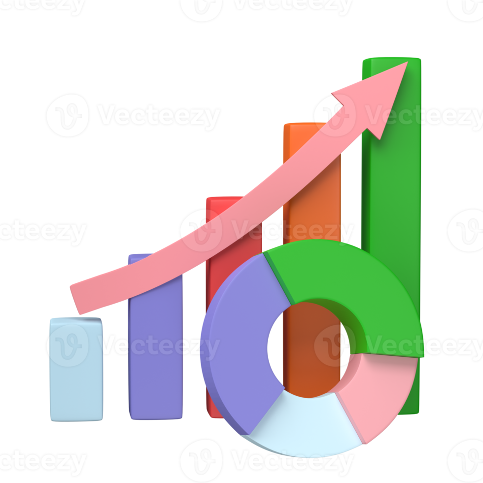 3D render. Business infographic with stock diagrams and statistic bars chart isolated on transparent background. Financial line graphs and charts for presentation and finance report. png