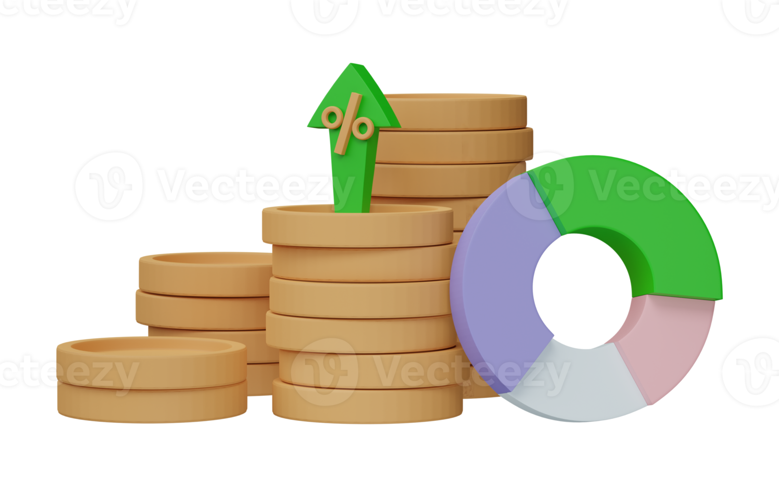 3D render. Business infographic with coinstack and statistic bars chart isolated on transparent background. Financial line graphs and charts for presentation and finance report. png
