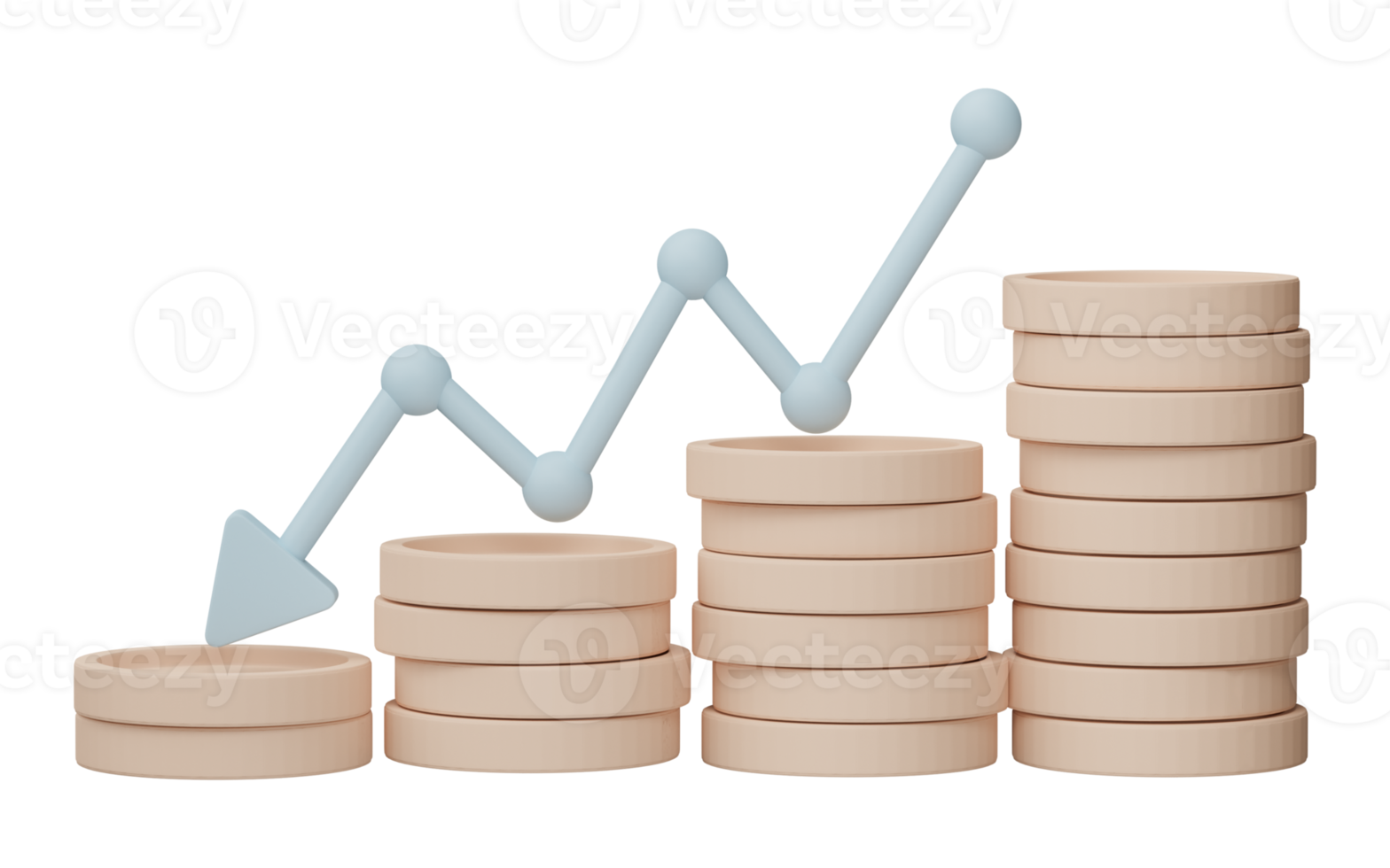 3D render. Business infographic with coinstack and statistic bars chart isolated on transparent background. Financial line graphs and charts for presentation and finance report. png