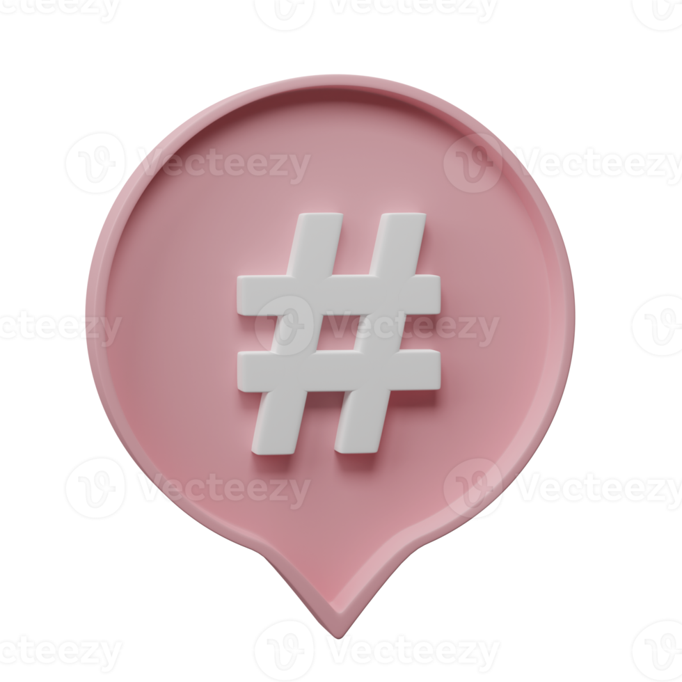 3D render. Hashtag search link symbol in social media notification icon isolated on transparent background. Concept of comments thread mention or blogging. png