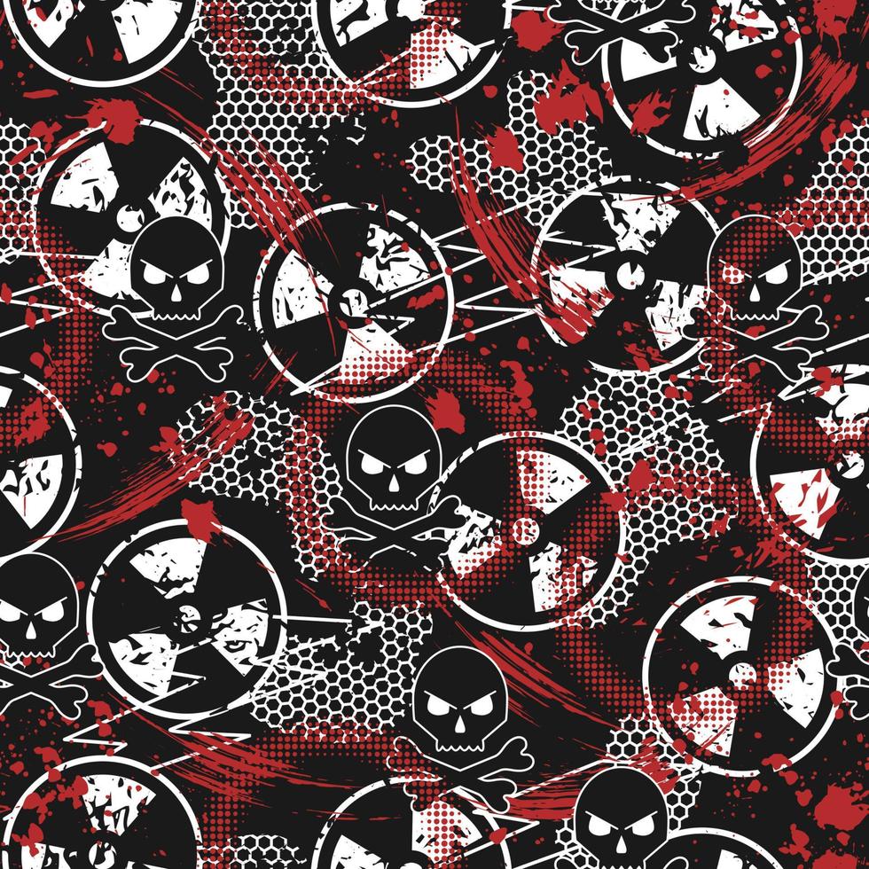 Seamless black, white, red pattern with ionizing radiation symbol, paint brush strokes, skull and crossbones, hexagon net. Good for apparel, fabric, textile, sport goods. Grunge texture vector