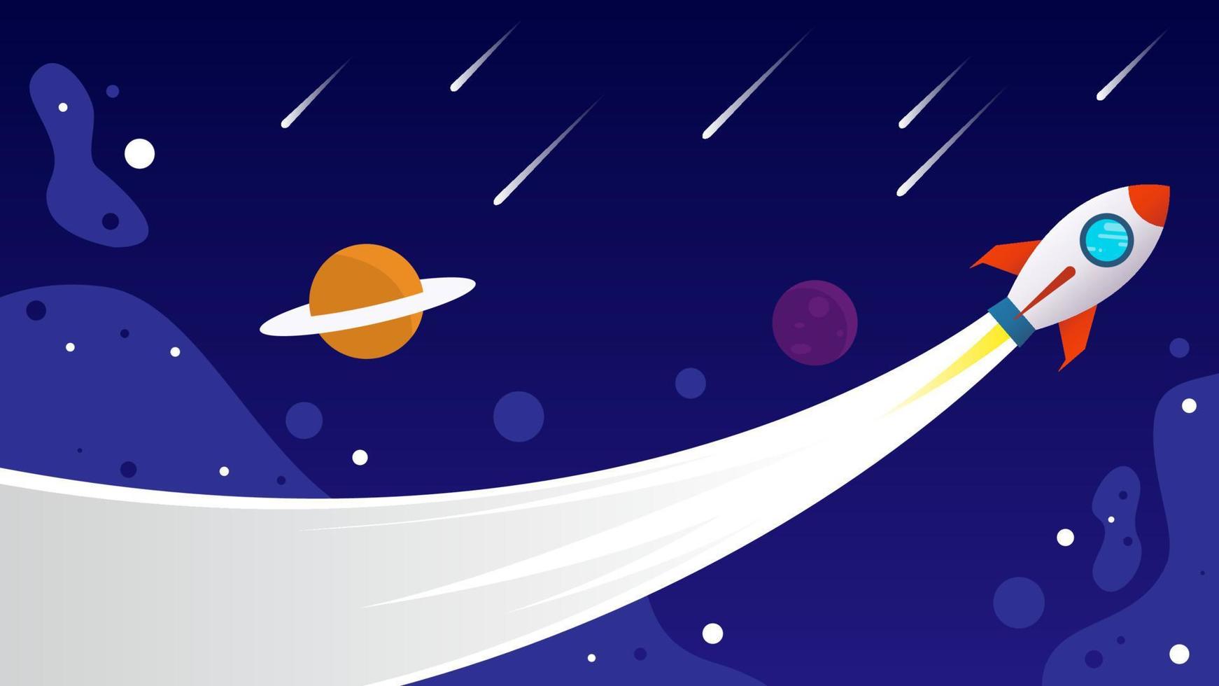 rocket ship in the space with dark sky, planets, and falling stars, vector illustration background