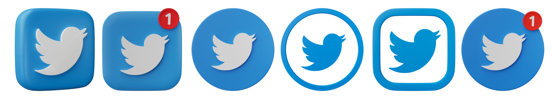 3D render, Set of twitter logo icon isolated on transparent background. png