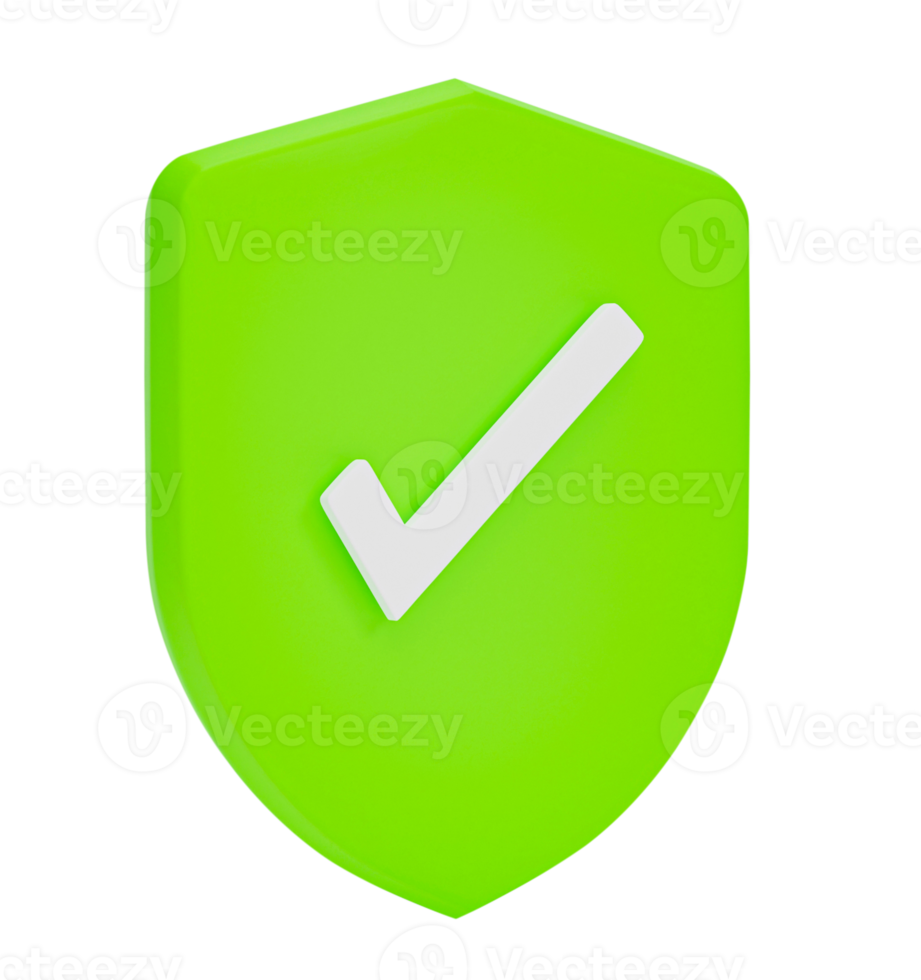 3d render. Checkmark icon on guard shield protection symbol  isolated on transparent background png