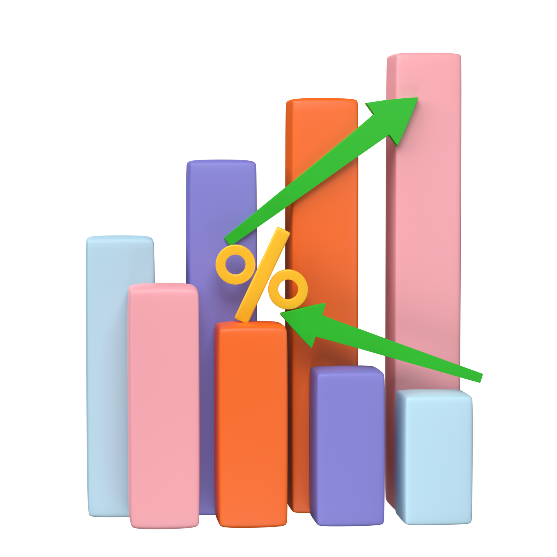 3D render. Business infographic with stock diagrams and statistic bars Chart Background Transparent