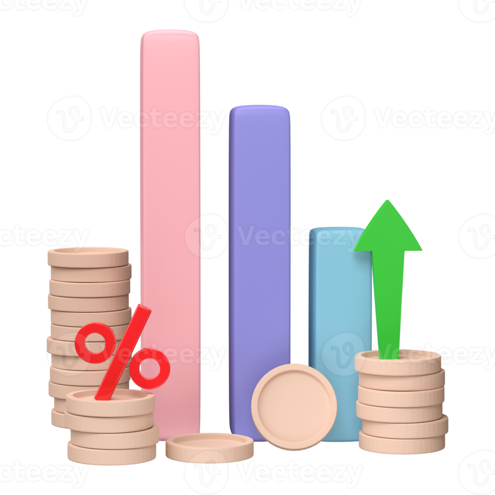 3D render. Business infographic with stock diagrams and statistic bars chart isolated on transparent background. Financial line graphs and charts for presentation and finance report. png