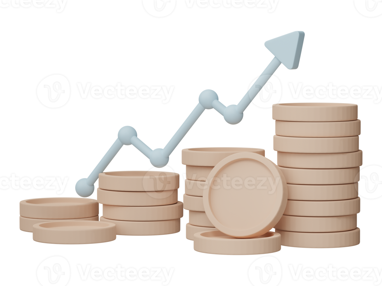 3D render. Business infographic with coinstack and statistic bars chart isolated on transparent background. Financial line graphs and charts for presentation and finance report. png