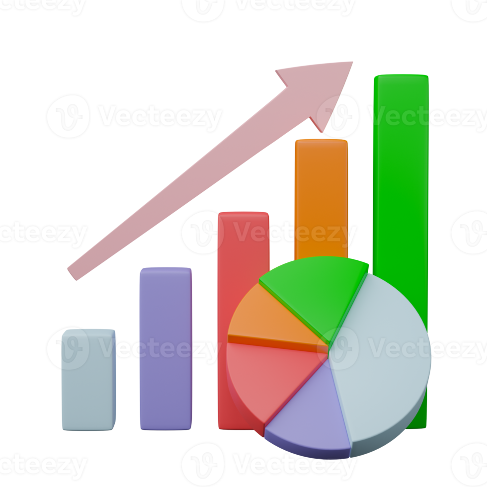 3D render. Business infographic with stock diagrams and statistic bars chart isolated on transparent background. Financial line graphs and charts for presentation and finance report. png