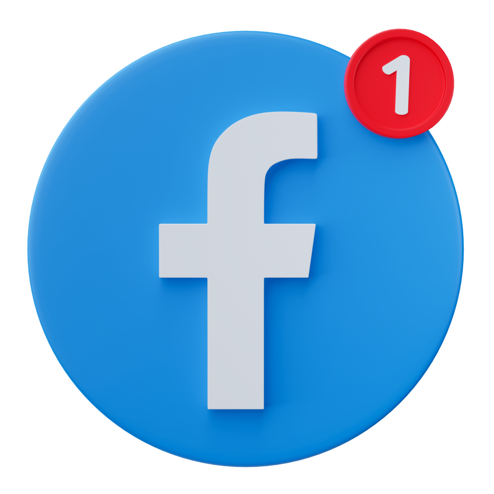 3D render, Facebook logo icon with new notification isolated on transparent background. png